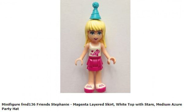 LEGO MiniFigures Friends FRND136 Stephanie - Magenta Layered Skirt, White Top with Stars, Medium Azure Party Hat